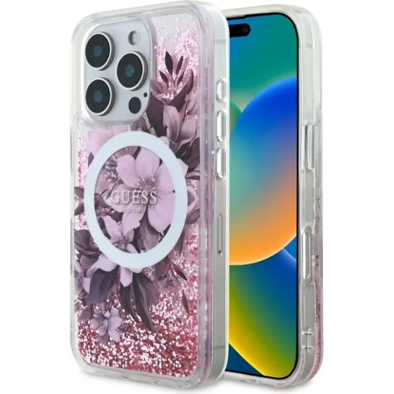 Guess Liquid Glitter Flower MagSafe iPhone 16 Pro Case - Pink - (GUE004088-0)
