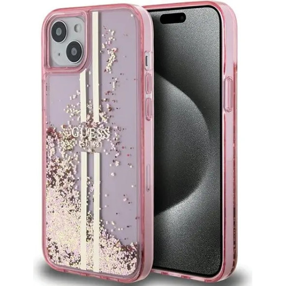 Guess Liquid Glitter Gold Stripes case for iPhone 15 Plus / 14 Plus - pink - (GUE003528-0)