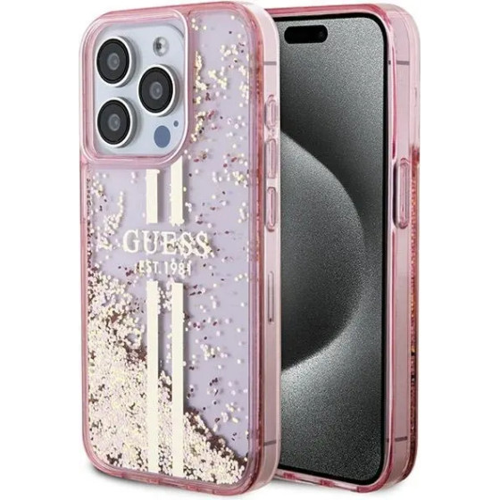 Guess Liquid Glitter Gold Stripes case for iPhone 15 Pro - pink - (GUE003529-0)