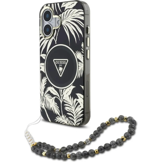 Guess Palm Trees Triangle Pearl Strap MagSafe case for iPhone 16 black - (GUE004445-0)