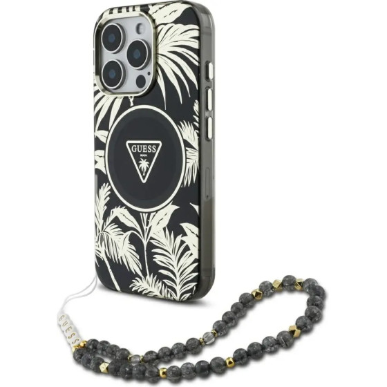 Guess Palm Trees Triangle Pearl Strap MagSafe case for iPhone 16 Pro black - (GUE004446-0)