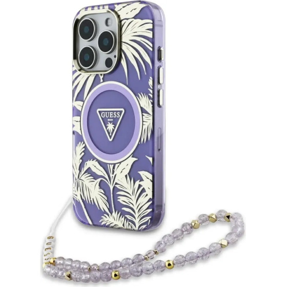 Guess Palm Trees Triangle Pearl Strap MagSafe Case for iPhone 16 Pro Purple - (GUE004449-0)