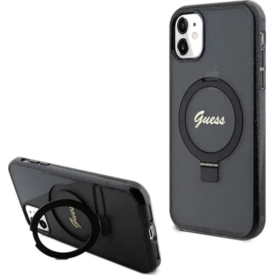 Guess Ring Stand Script Glitter MagSafe case for iPhone 11 / Xr - black - (GUE003414-0)