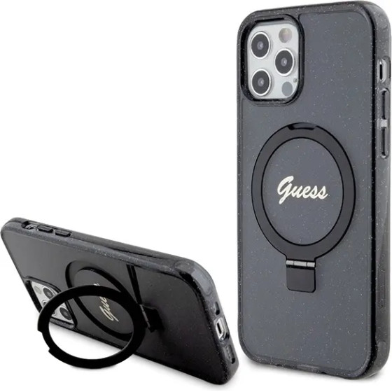 Guess Ring Stand Script Glitter MagSafe case for iPhone 12/12 Pro - black - (GUE003415-0)