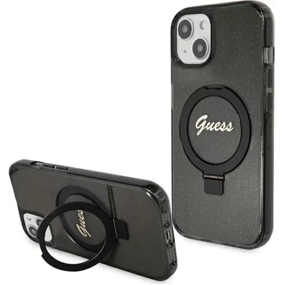 Guess Ring Stand Script Glitter MagSafe case for iPhone 13 / 14 / 15 - black - (GUE003416-0)