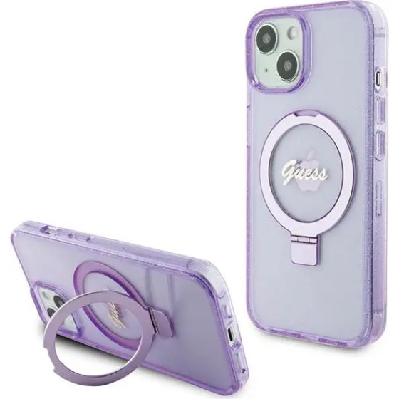 Guess Ring Stand Script Glitter MagSafe case for iPhone 15 - purple - (GUE003367-0)
