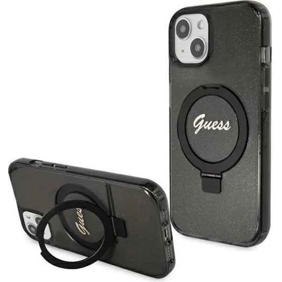 Guess Ring Stand Script Glitter MagSafe Case for iPhone 15 Plus / 14 Plus - Black - (GUE003358-0)