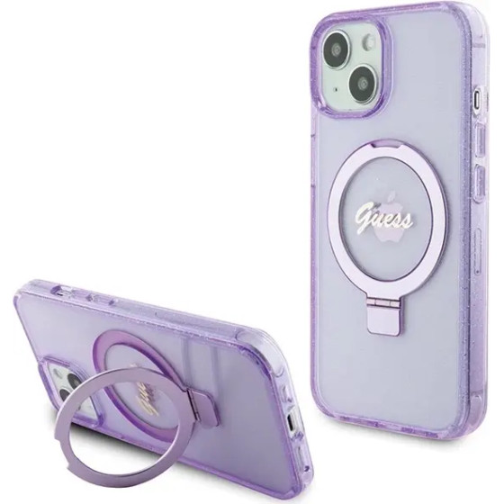 Guess Ring Stand Script Glitter MagSafe case for iPhone 15 Plus / 14 Plus - purple - (GUE003368-0)