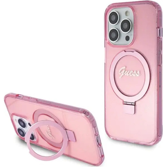 Guess Ring Stand Script Glitter MagSafe case for iPhone 15 Pro - pink - (GUE003363-0)