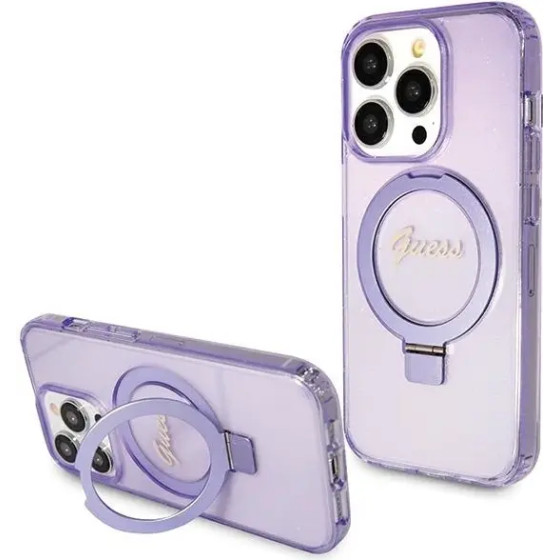 Guess Ring Stand Script Glitter MagSafe case for iPhone 15 Pro - purple - (GUE003369-0)