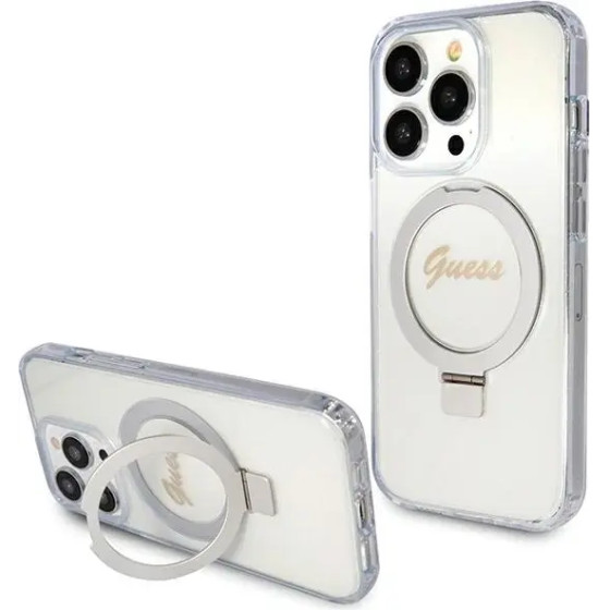 Guess Ring Stand Script Glitter MagSafe case for iPhone 15 Pro - transparent - (GUE003365-0)