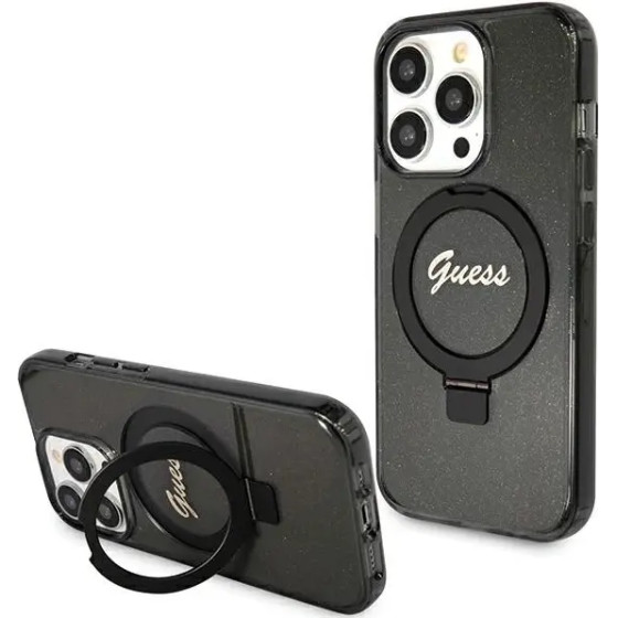 Guess Ring Stand Script Glitter MagSafe case for iPhone 15 Pro Max - black - (GUE003360-0)