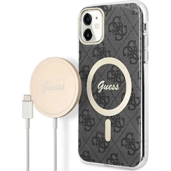 Guess Set GUBPN61H4EACSK Case+Charger iPhone 11 6.1'' black/black hard case 4G Print MagSafe - (GUE002540-0)