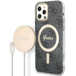 Guess Set GUBPP12MH4EACSK Case+ Charger iPhone 12/12 Pro black/black hard case 4G Print MagSafe - (GUE002541-0)