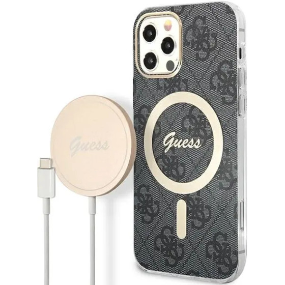 Guess Set GUBPP12MH4EACSK Case+ Charger iPhone 12/12 Pro black/black hard case 4G Print MagSafe - (GUE002541-0)