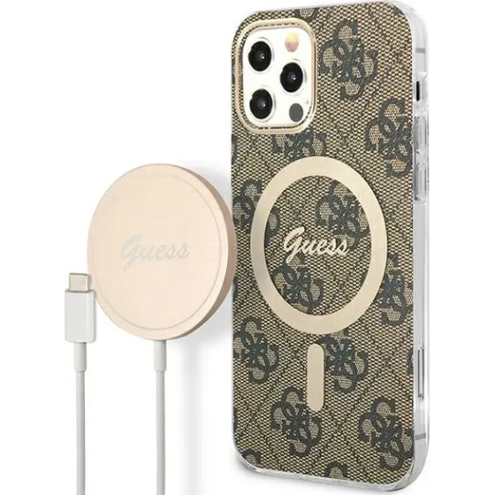 Guess Set GUBPP12MH4EACSW Case+ Charger iPhone 12/12 Pro brown/brown hard case 4G Print MagSafe - (GUE002549-0)