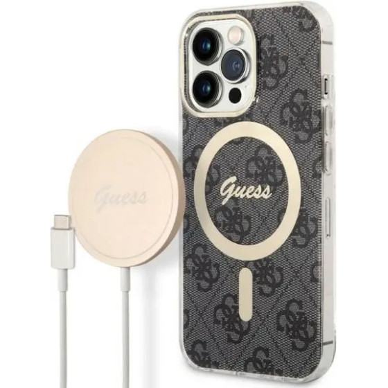 Guess Set GUBPP13LH4EACSK Case+ Charger iPhone 13 Pro black/black hard case 4G Print MagSafe - (GUE002542-0)
