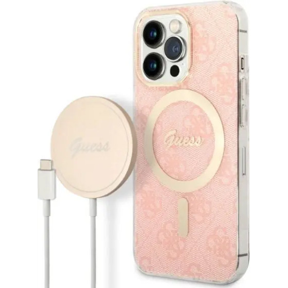 Guess Set GUBPP13LH4EACSP Case+ Charger iPhone 13 Pro pink/pink hard case 4G Print MagSafe - (GUE002562-0)