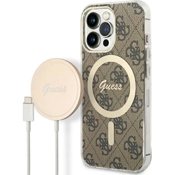 Guess Set GUBPP13LH4EACSW Case+ Charger iPhone 13 Pro brown/brown hard case 4G Print MagSafe - (GUE002550-0)
