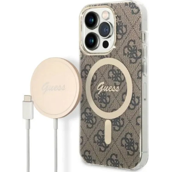 Guess Set GUBPP14LH4EACSW Case+ Charger iPhone 14 Pro 6.1'' brown/brown hard case 4G Print MagSafe - (GUE002554-0)