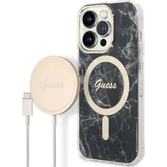 Guess Set GUBPP14LHMEACSK Case+ Charger iPhone 14 Pro 6.1'' black/black hard case Marble MagSafe - (GUE002570-0)