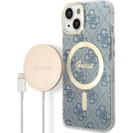 Guess Set GUBPP14SH4EACSB Case+ Charger iPhone 14 6.1'' blue/blue hard case 4G Print MagSafe - (GUE002556-0)