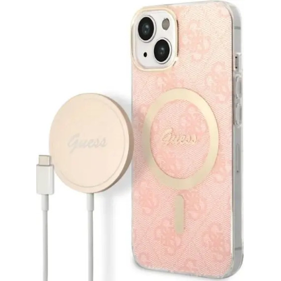 Guess Set GUBPP14SH4EACSP Case+ Charger iPhone 14 6.1'' pink/pink hard case 4G Print MagSafe - (GUE002564-0)