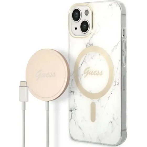 Guess Set GUBPP14SHMEACSH Case+ Charger iPhone 14 6.1 white/white hard case Marble MagSafe - (GUE002572-0)