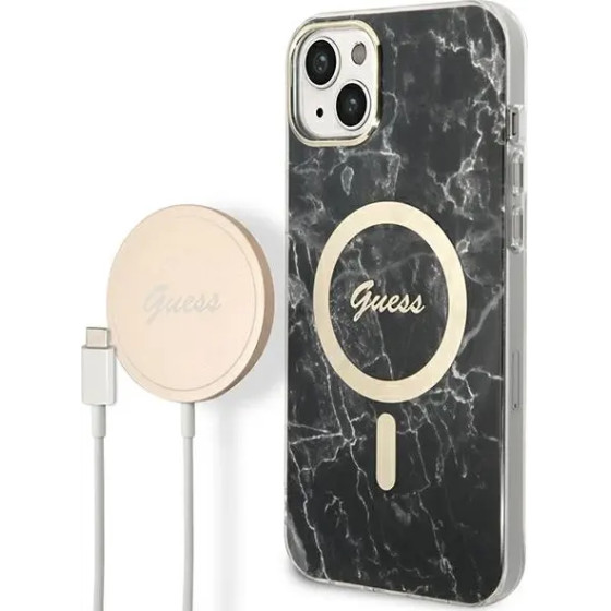 Guess Set GUBPP14SHMEACSK Case+ Charger iPhone 14 6.1'' black/black hard case Marble MagSafe - (GUE002568-0)