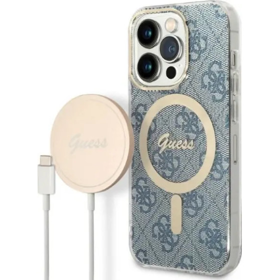 Guess Set GUBPP14XH4EACSB Case+ Charger iPhone 14 Pro Max 6.7'' blue/blue hard case 4G Print MagSafe - (GUE002559-0)