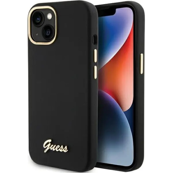 Guess Silicone Script Metal Logo & Frame case for iPhone 15 - black - (GUE003350-0)
