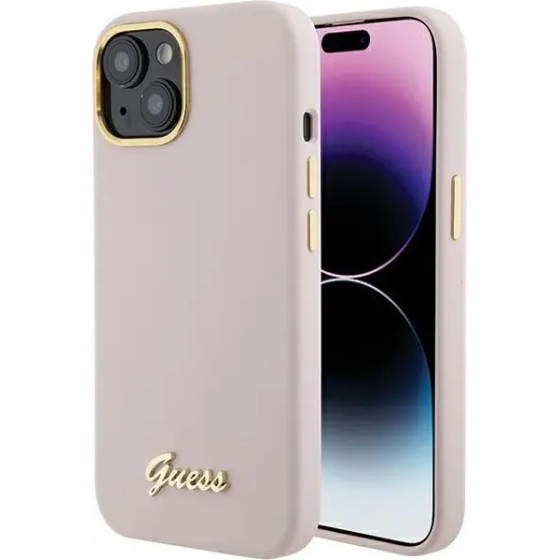 Guess Silicone Script Metal Logo & Frame case for iPhone 15 - pink - (GUE003293-0)