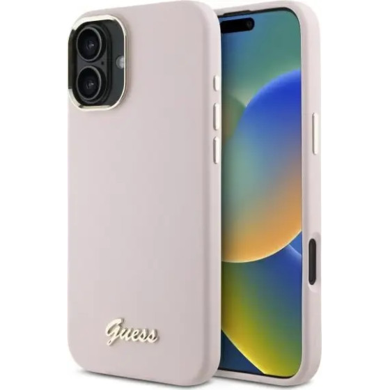 Guess Silicone Script Metal Logo & Frame iPhone 16 Plus Case - Pink - (GUE004096-0)