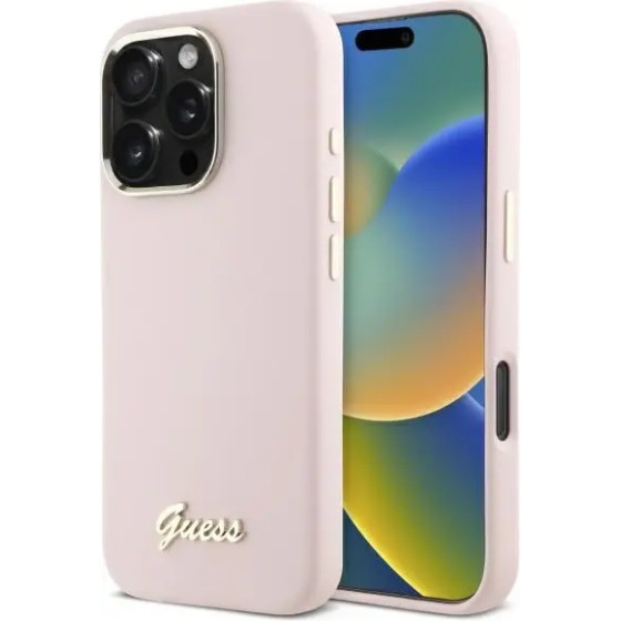Guess Silicone Script Metal Logo & Frame iPhone 16 Pro Max Case - Pink - (GUE004076-0)