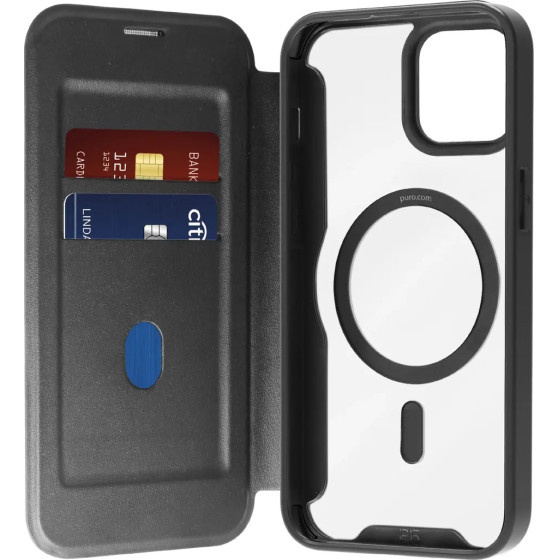 Puro Book Mag MagSafe Leather Case with Flap and Card Slot for iPhone 16 - Black - (PUIPC1661BKMAGBLK)