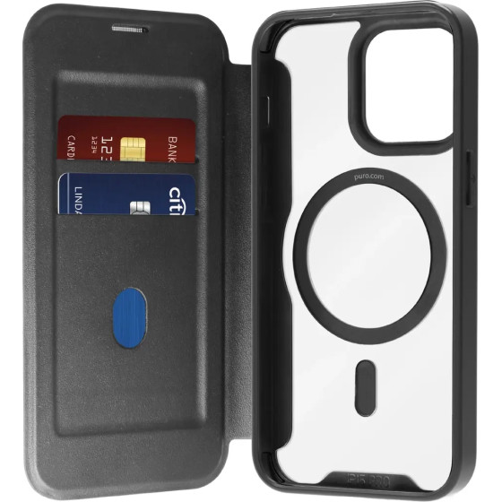 Puro Book Mag MagSafe Leather Case with Flap and Card Slot for iPhone 16 Pro - Black - (PUIPC16P61BKMAGBLK)