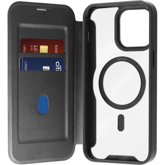 Puro Book Mag MagSafe Leather Case with Flap and Card Slot for iPhone 16 Pro Max - Black - (PUIPC16P67BKMAGBLK)