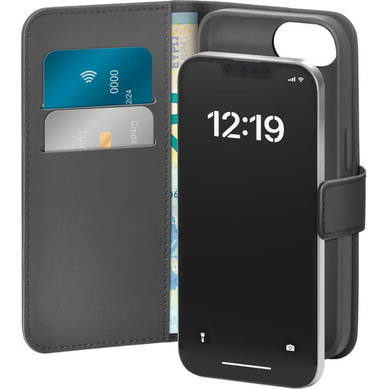 Puro Eco-Leather Case for iPhone 16E W/horiz.flip+2 Card Slot+Banknote Pocket+Cover Black - (PUIPCSE25BOOKC8BLK)
