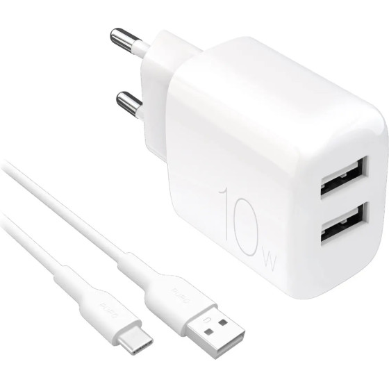 Puro PROLITE 10W 2x USB-A wall charger + USB-A - USB-C cable 1.2m - white - (PUTC2USBA10WDYKACWHI)