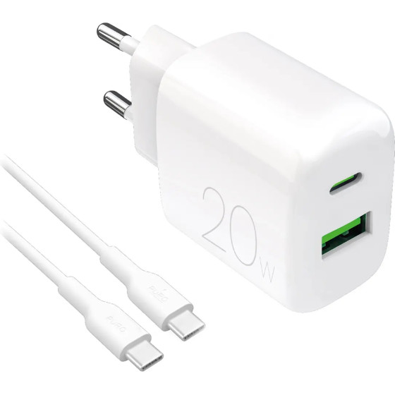 Puro PROLITE 20W USB-A / USB-C wall charger + USB-C - USB-C cable 1.2m - white - (PUTCUSBAC20WDYKCCWHI)