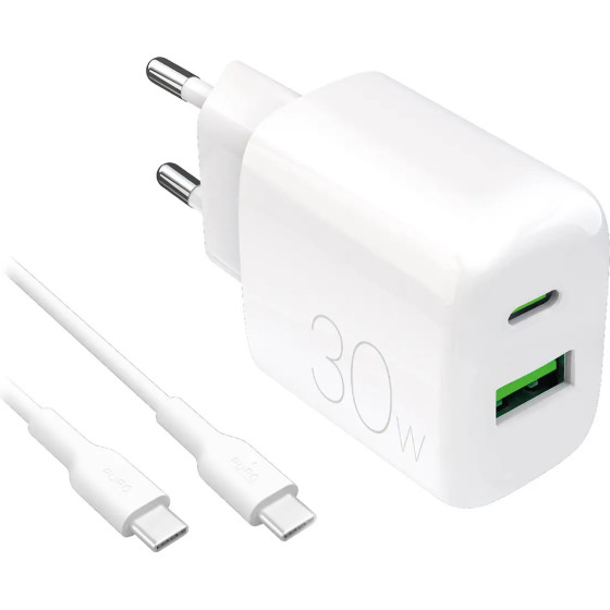 Puro PROLITE 30W USB-A / USB-C wall charger + USB-C - USB-C cable 1.2m - white - (PUTCUSBAC30WDYKCCWHI)
