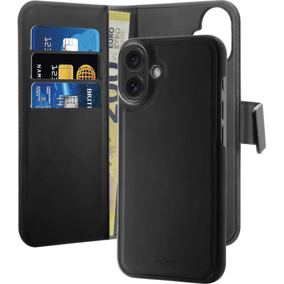 Puro Wallet Detachable MagSafe 2in1 PU Leather Case with Flap and Wallet for iPhone 16 Plus - Black - (PUIPC1667BOOKC3BLK)