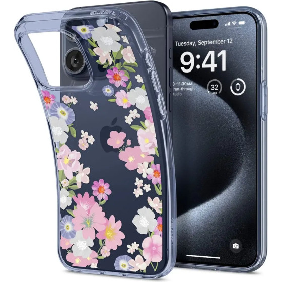 Spigen Liquid Crystal iPhone 15 Pro Case - Pink and Blue Flowers - (23886-0)