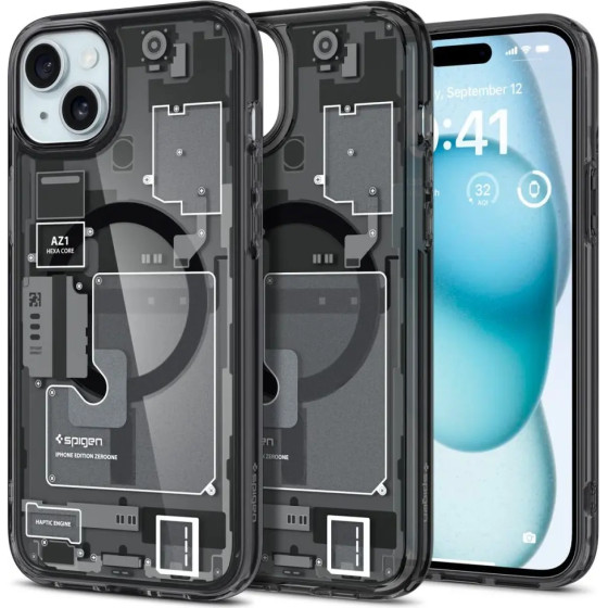 Spigen Ultra Hybrid Mag Case with MagSafe for iPhone 15 Plus - Dark Gray (Zero One Pattern) - (24100-0)