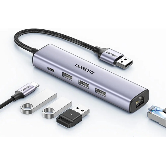 Ugreen multifunctional adapter HUB USB 3.0 - 3 x USB / Ethernet RJ-45 / USB Type C PD gray (CM475) - (60554-ugreen)