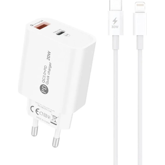Hurtel 20W USB-A USB-C Wall Charger with 1m USB-C - Lightning Cable - White - (A6MAXL)