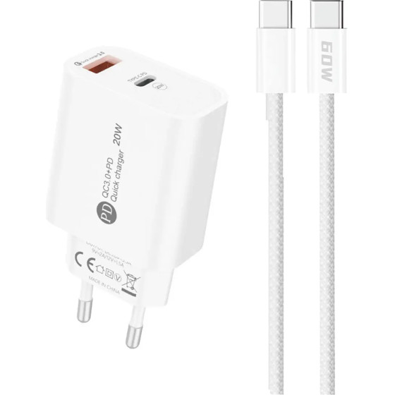 Hurtel A6MaxL 20W USB-A USB-C wall charger with USB-C - USB-C 1m cable - white - (A6MAXC)