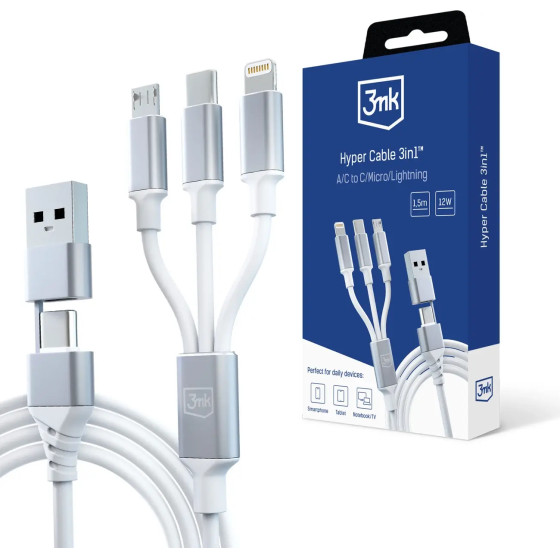 3mk Protection 3mk Hyper Cable 3in1 USB-A - USB-C / USB-C - micro USB - Lightning 1.5m - white - (153009-0)