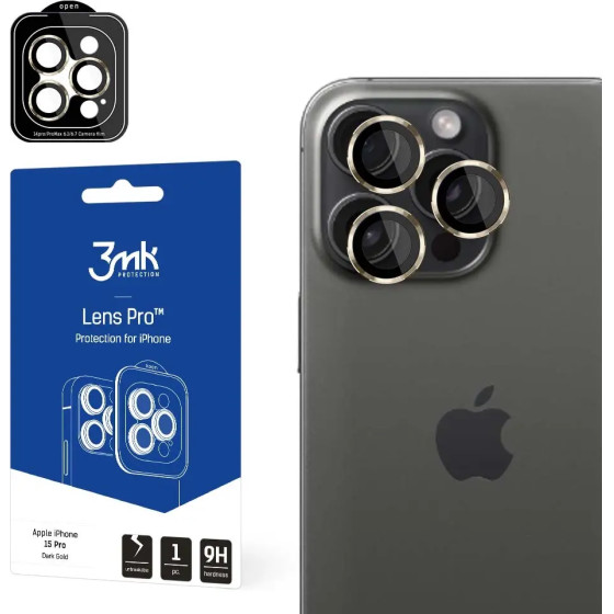 3mk Protection 3mk Lens Protection Pro Camera Cover with Gold Frame for iPhone 15 Pro - (151414-0)
