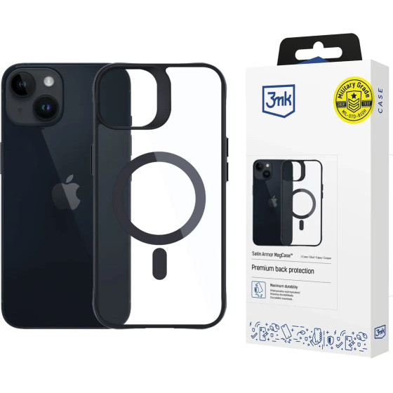 3mk Protection 3mk Satin Armor MagCase with MagSafe for iPhone 13 / 14 - Transparent with Black Frame - (156075-0)